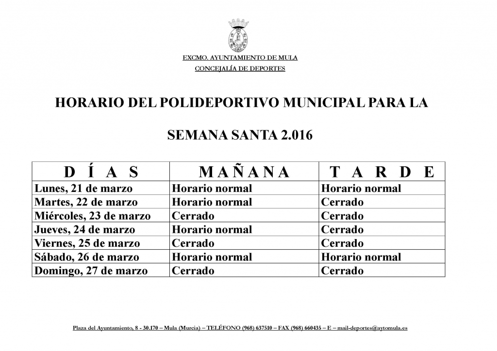 horario instalaciones deportivas semana santa 2016