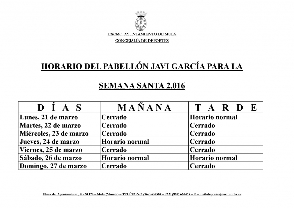 horario instalaciones deportivas semana santa 2016